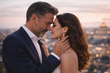 вклюбена двойка на фона на градски светлини